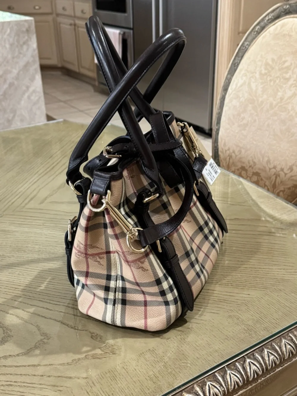 Burberry Beige Plaid Satchel with Black Leather Trim - Picture 2 of 3